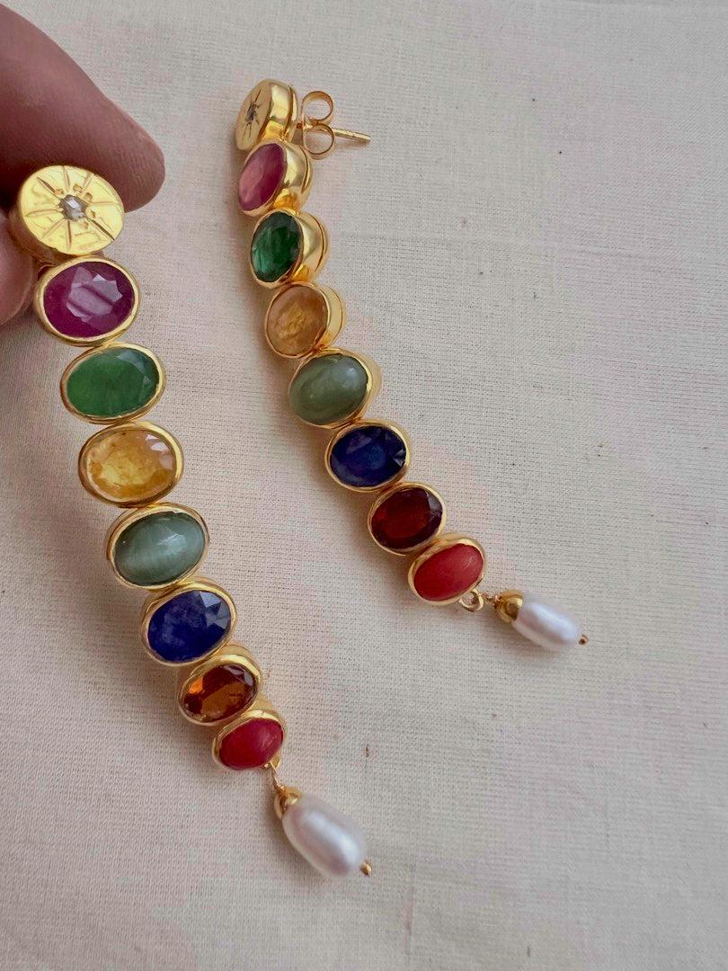 Gold polish navrathana long earrings-Earrings-CI-House of Taamara