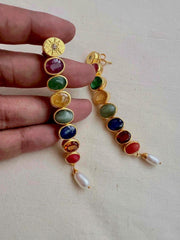 Gold polish navrathana long earrings-Earrings-CI-House of Taamara