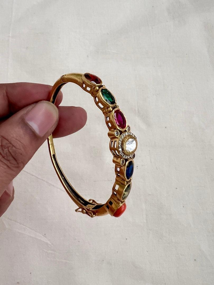 Gold polish navrathana & moissanite victorian kada-Silver Bracelet-CI-House of Taamara