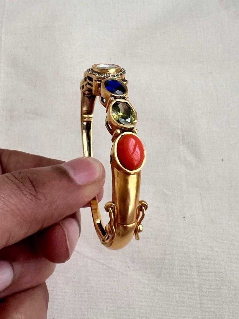Gold polish navrathana & moissanite victorian kada-Silver Bracelet-CI-House of Taamara