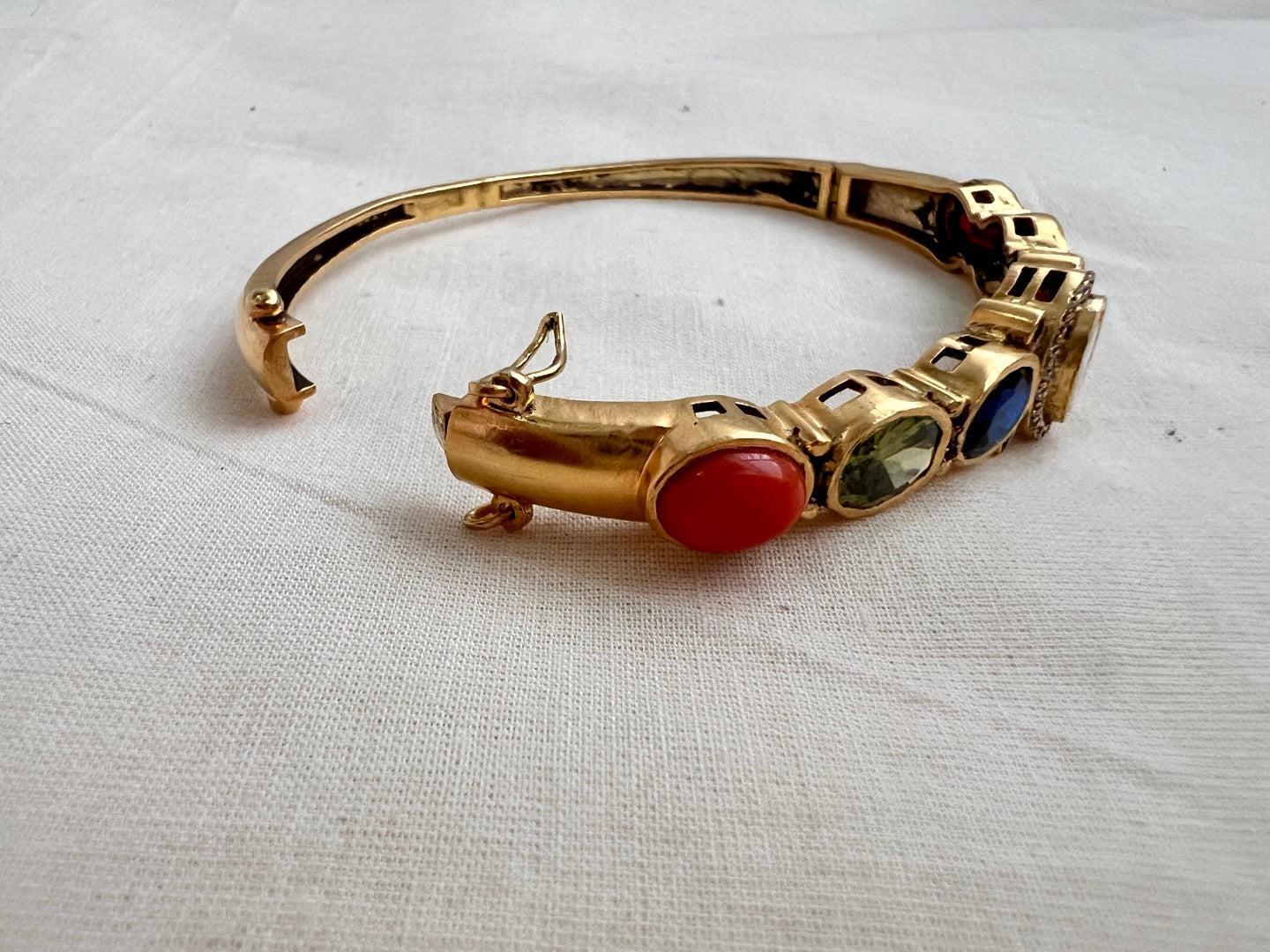 Gold polish navrathana & moissanite victorian kada-Silver Bracelet-CI-House of Taamara