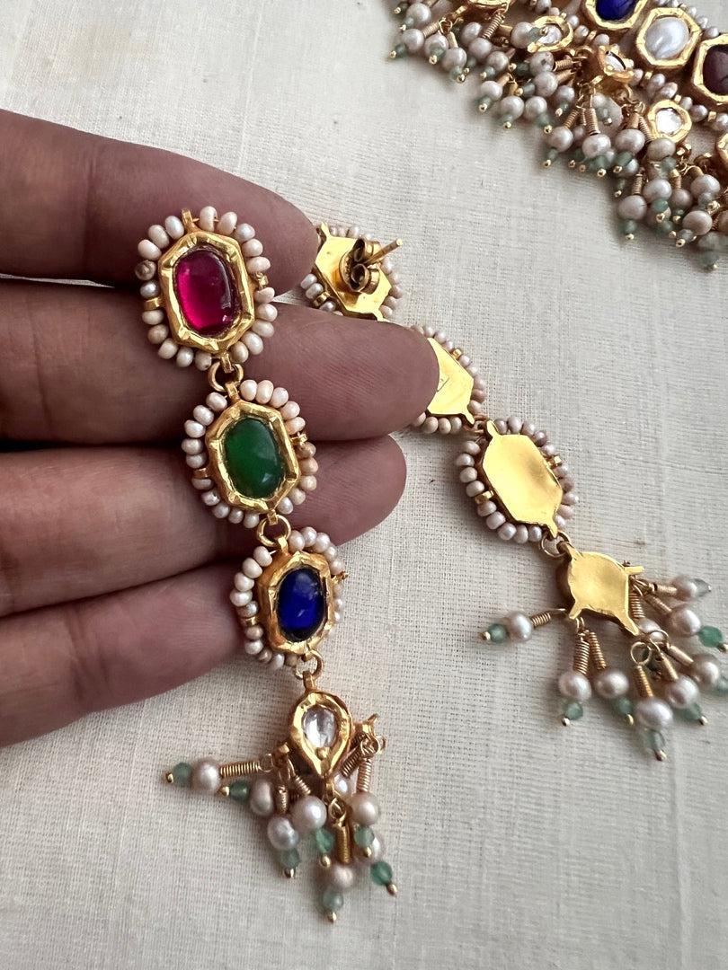 Gold polish navrathana necklace with pearls, SET-Silver Neckpiece-CI-House of Taamara