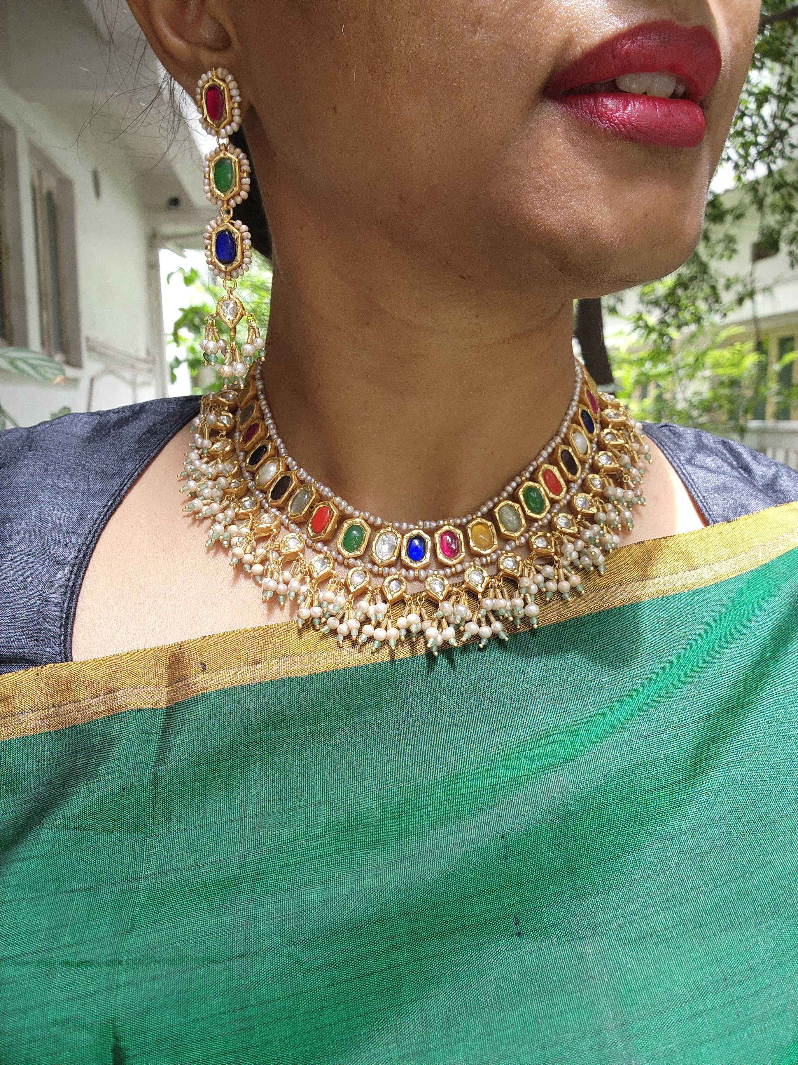 Gold polish navrathana necklace with pearls, SET-Silver Neckpiece-CI-House of Taamara