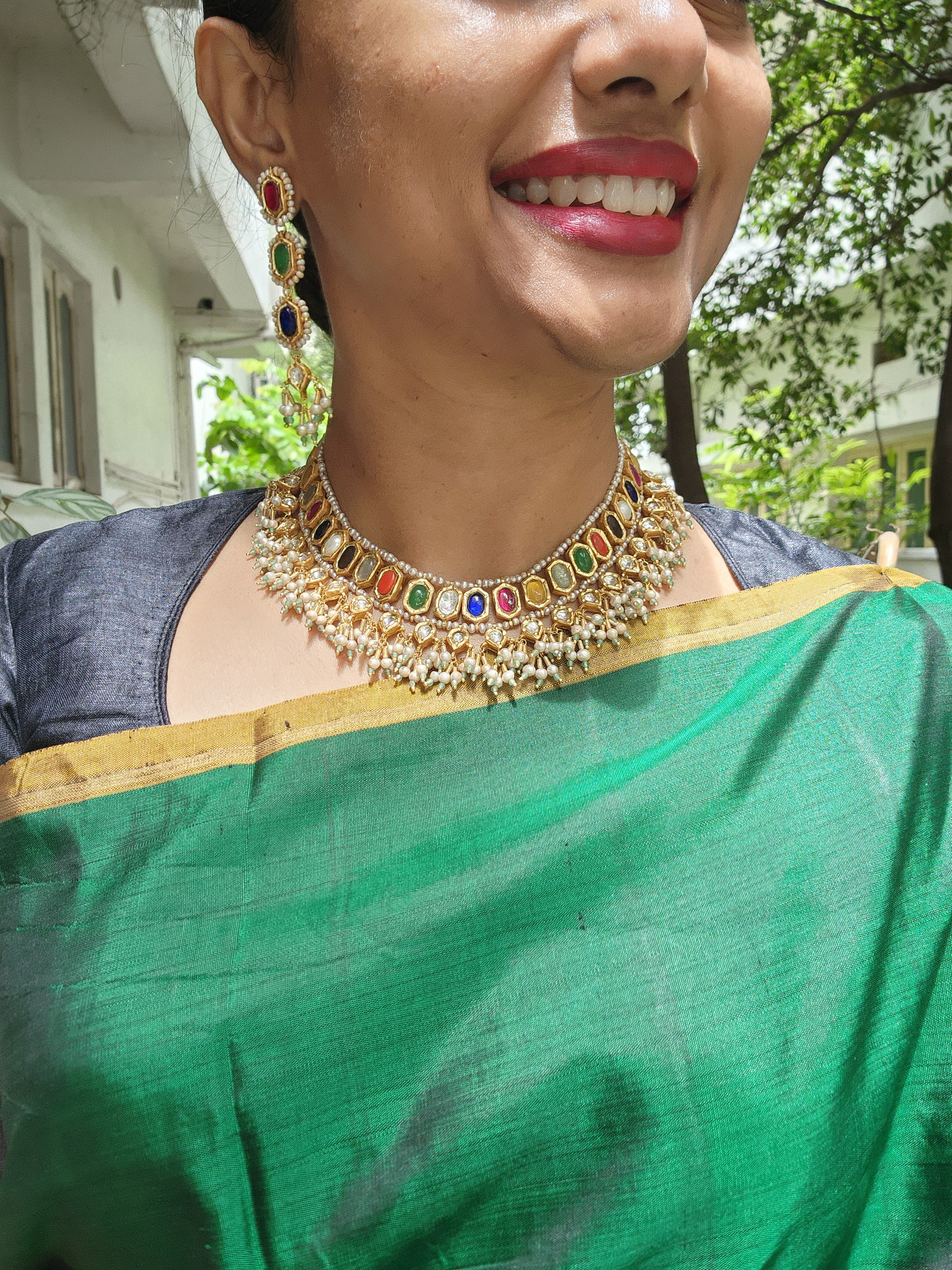 Gold polish navrathana necklace with pearls, SET-Silver Neckpiece-CI-House of Taamara