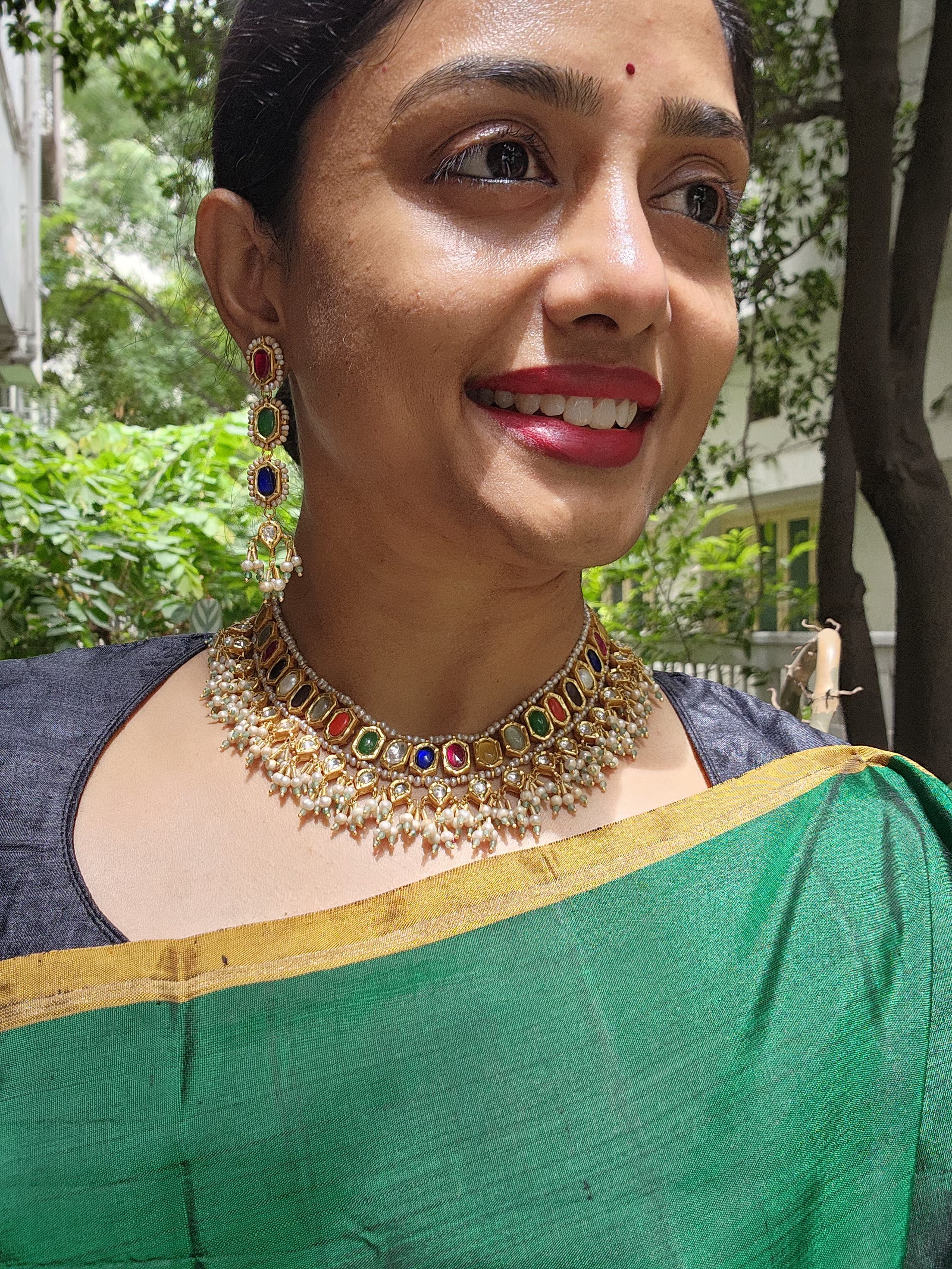 Gold polish navrathana necklace with pearls, SET-Silver Neckpiece-CI-House of Taamara