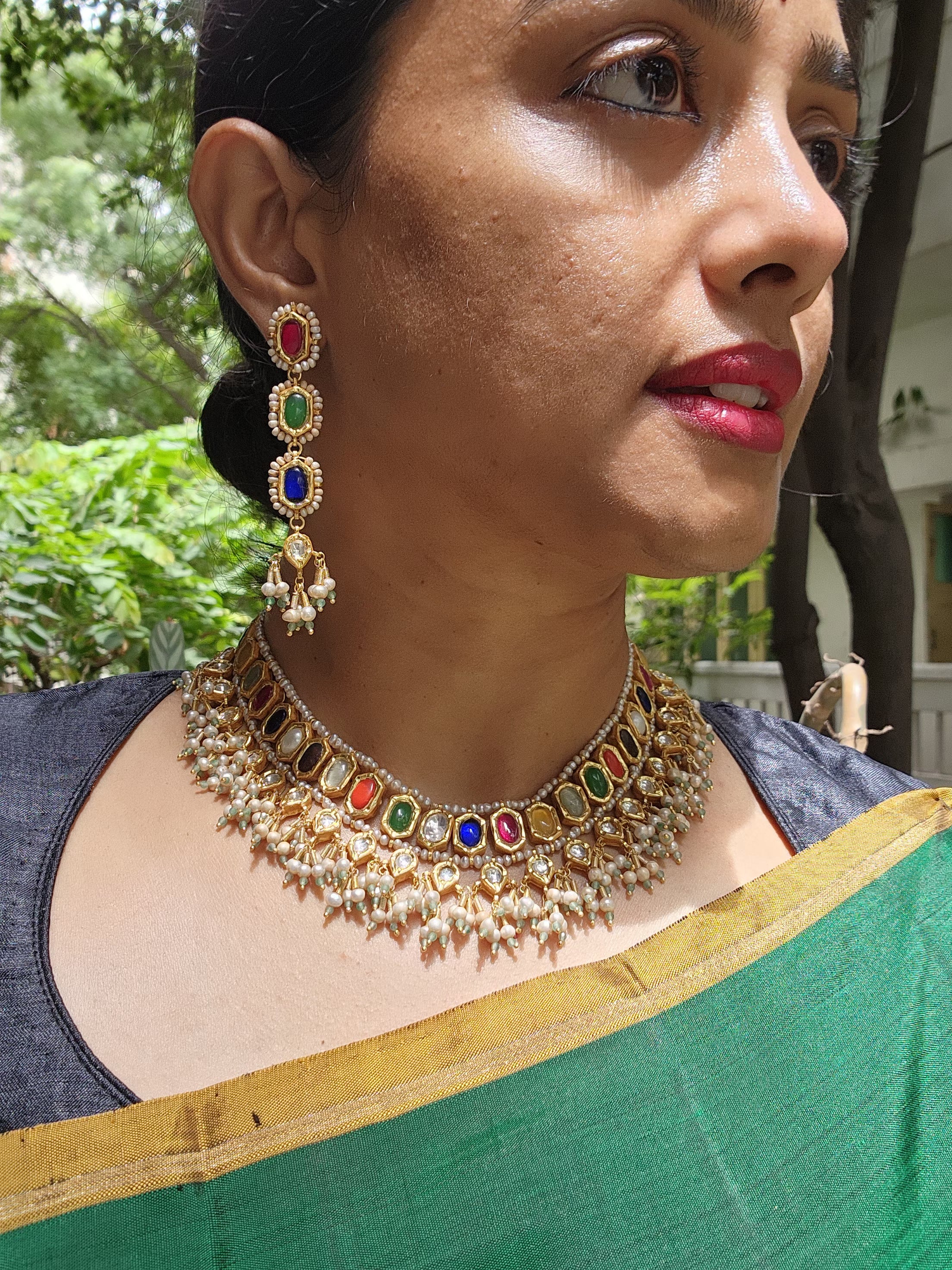 Gold polish navrathana necklace with pearls, SET-Silver Neckpiece-CI-House of Taamara