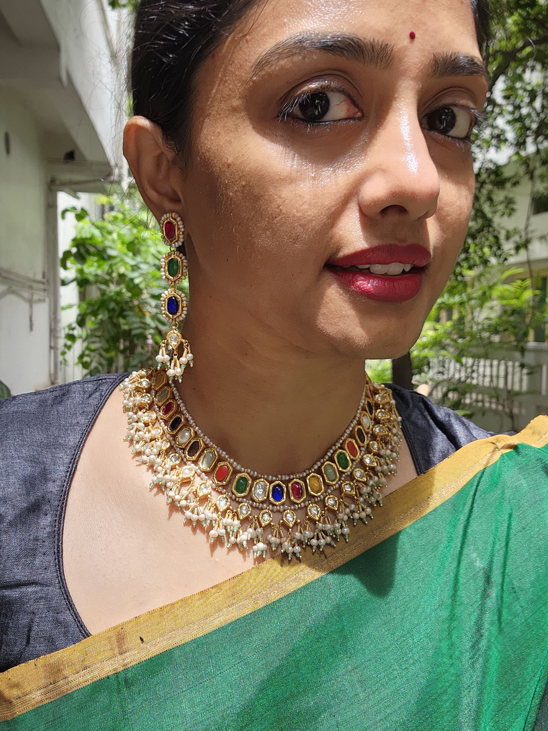 Gold polish navrathana necklace with pearls, SET-Silver Neckpiece-CI-House of Taamara
