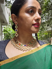 Gold polish navrathana necklace with pearls, SET-Silver Neckpiece-CI-House of Taamara