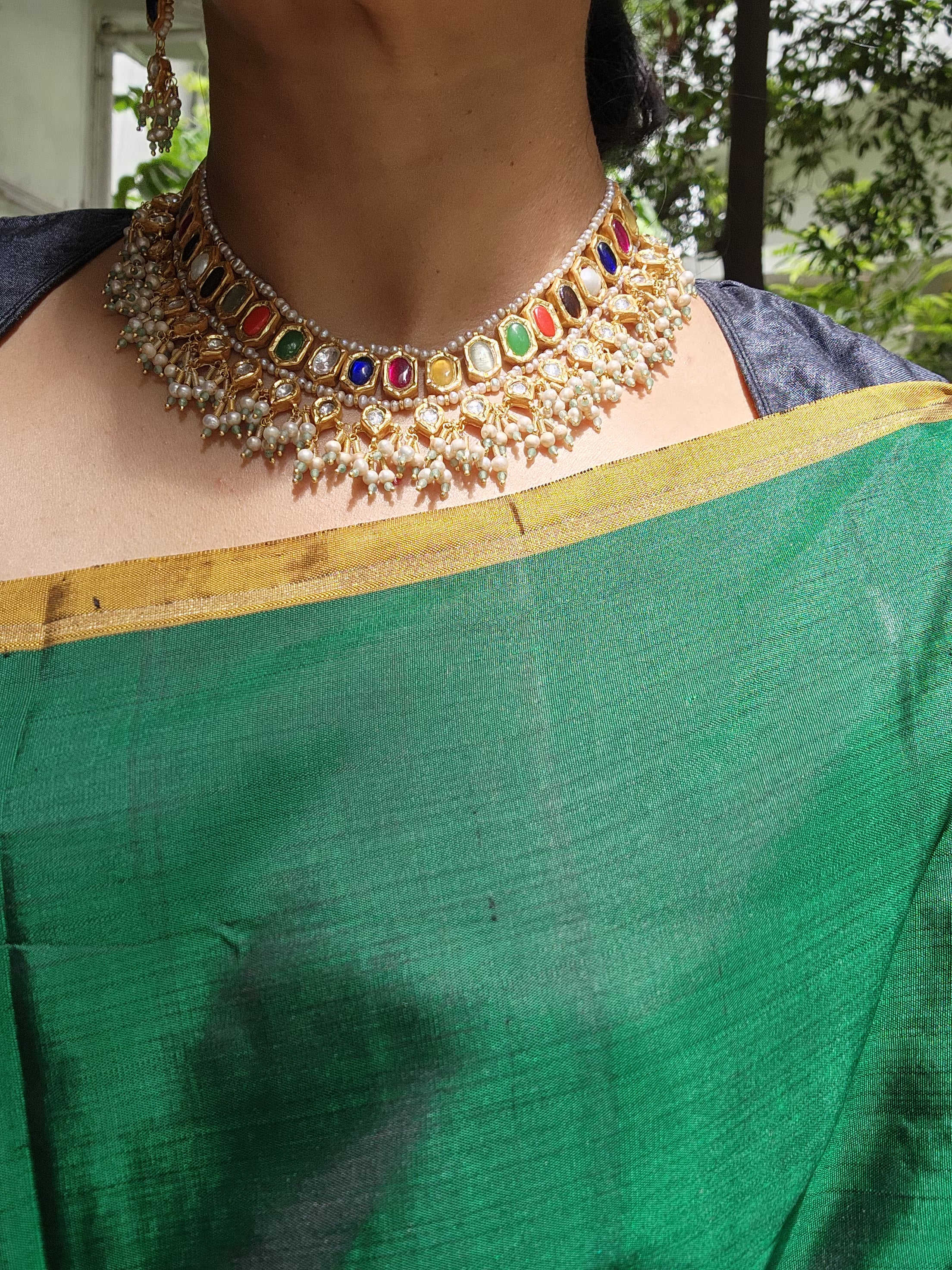 Gold polish navrathana necklace with pearls, SET-Silver Neckpiece-CI-House of Taamara
