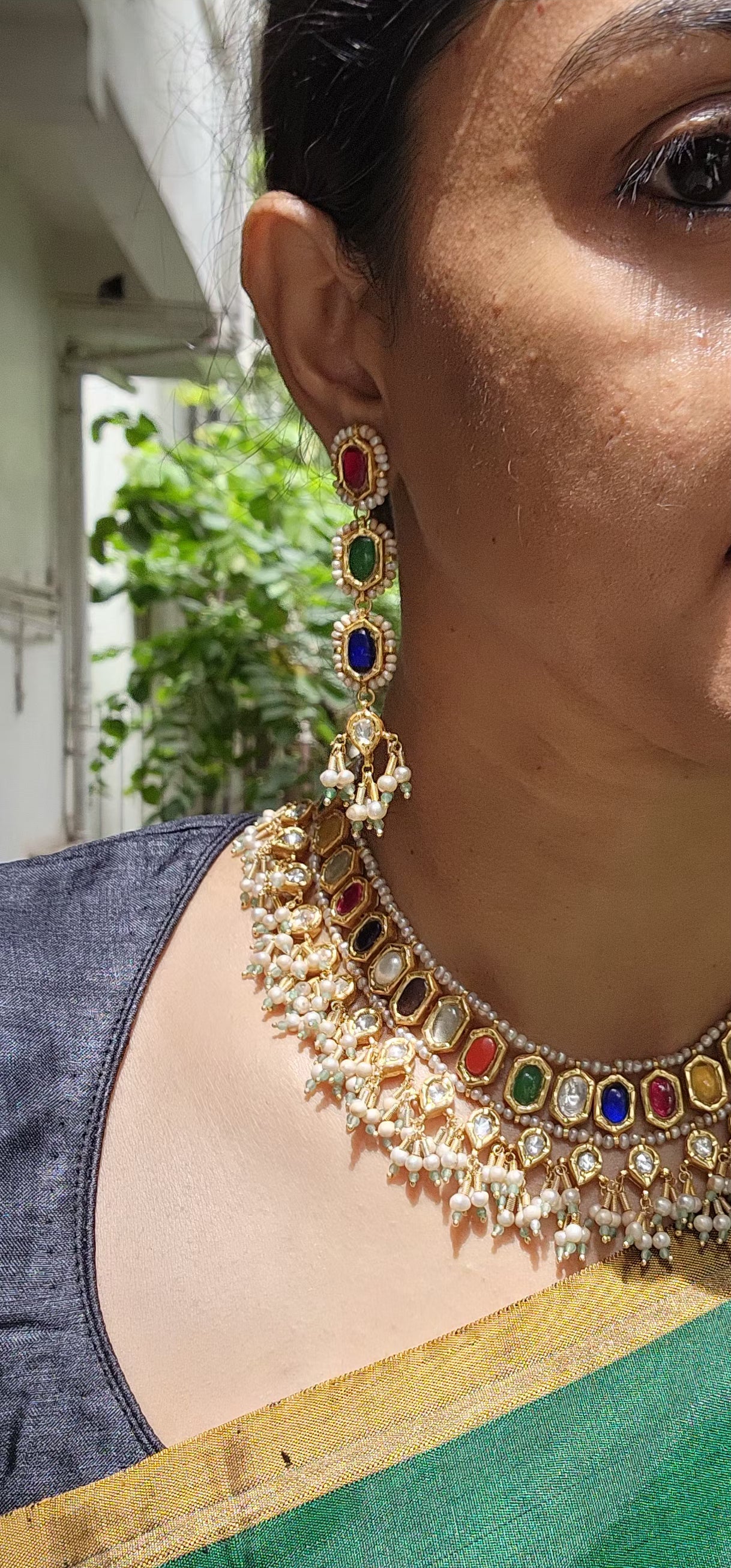 Gold polish navrathana necklace with pearls, SET-Silver Neckpiece-CI-House of Taamara