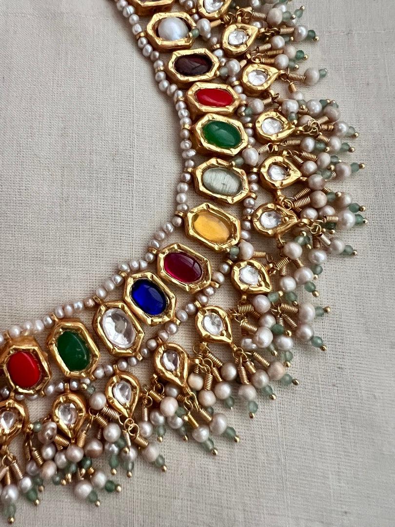 Gold polish navrathana necklace with pearls, SET-Silver Neckpiece-CI-House of Taamara
