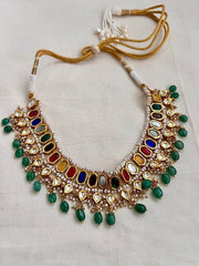 Gold polish navrathana necklace with pearls & jade beads-Silver Neckpiece-CI-House of Taamara