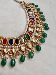 Gold polish navrathana necklace with pearls & jade beads-Silver Neckpiece-CI-House of Taamara
