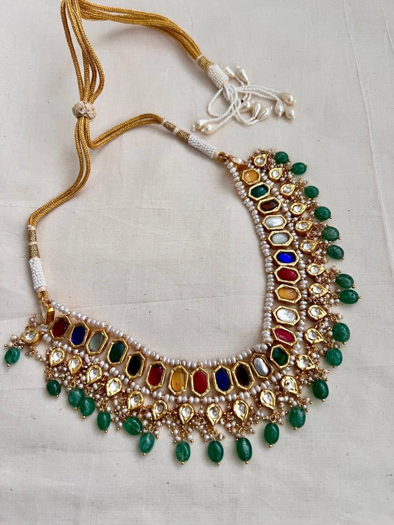 Gold polish navrathana necklace with pearls & jade beads-Silver Neckpiece-CI-House of Taamara