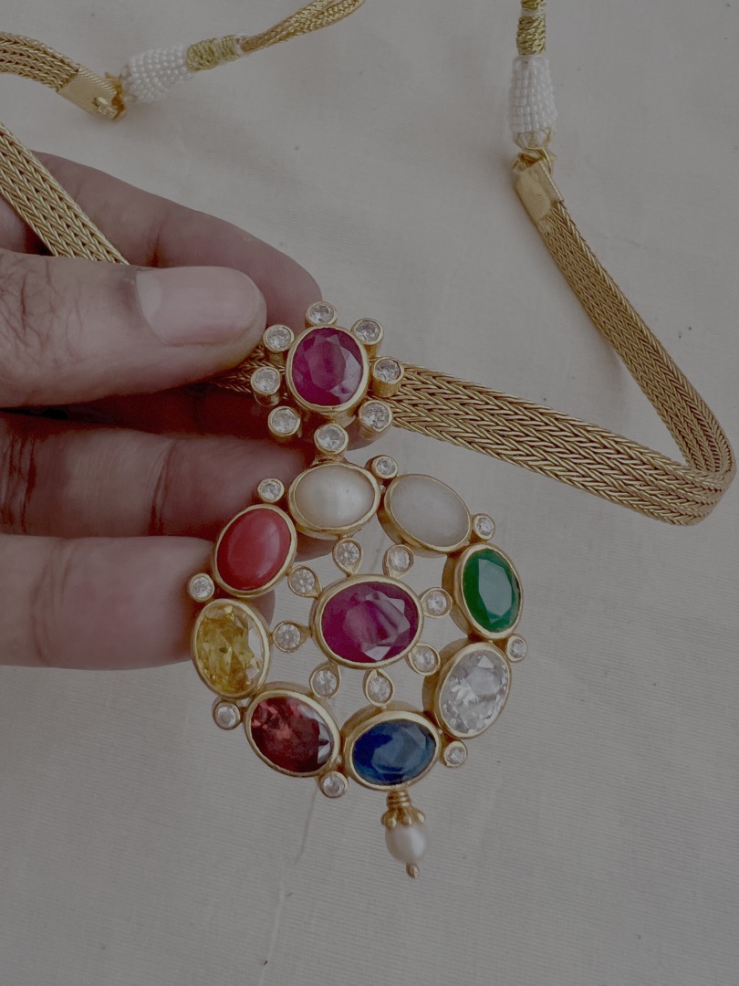 Gold polish navrathana pendant necklace-Silver Neckpiece-CI-House of Taamara