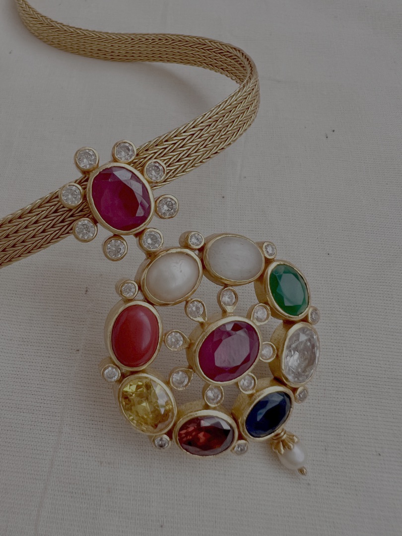Gold polish navrathana pendant necklace-Silver Neckpiece-CI-House of Taamara