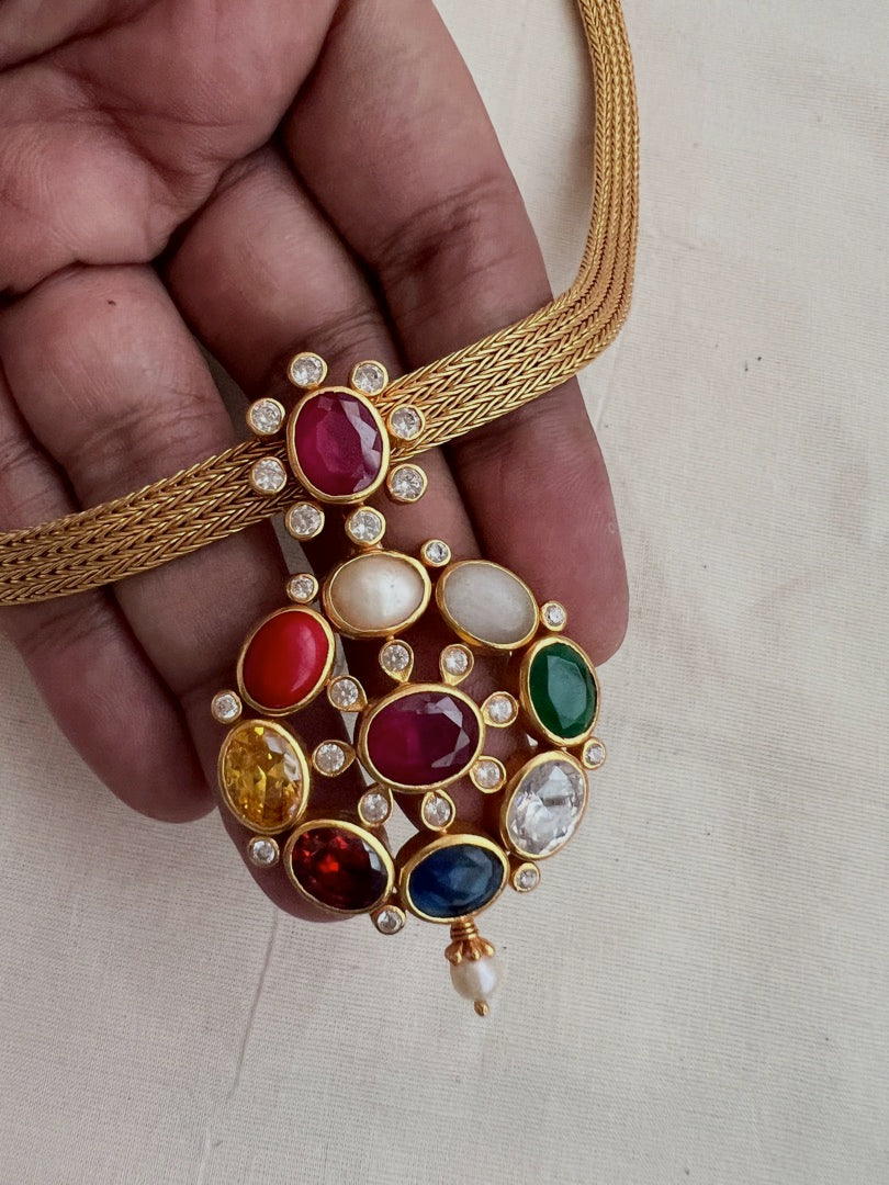 Gold polish navrathana pendant necklace-Silver Neckpiece-CI-House of Taamara
