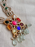 Gold polish navrathana pendant necklace with pearls and jade beads-Silver Neckpiece-CI-House of Taamara