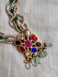 Gold polish navrathana pendant necklace with pearls and jade beads-Silver Neckpiece-CI-House of Taamara