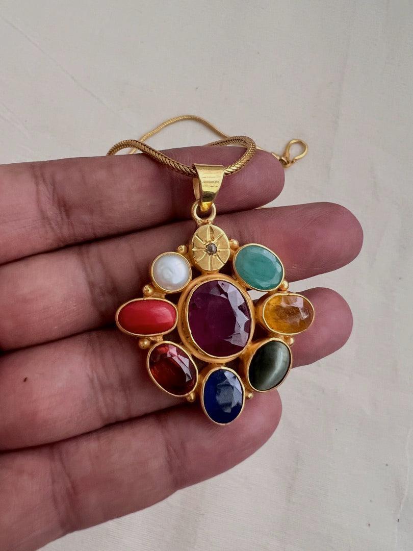 Gold polish navrathana pendant with chain-Silver Neckpiece-CI-House of Taamara