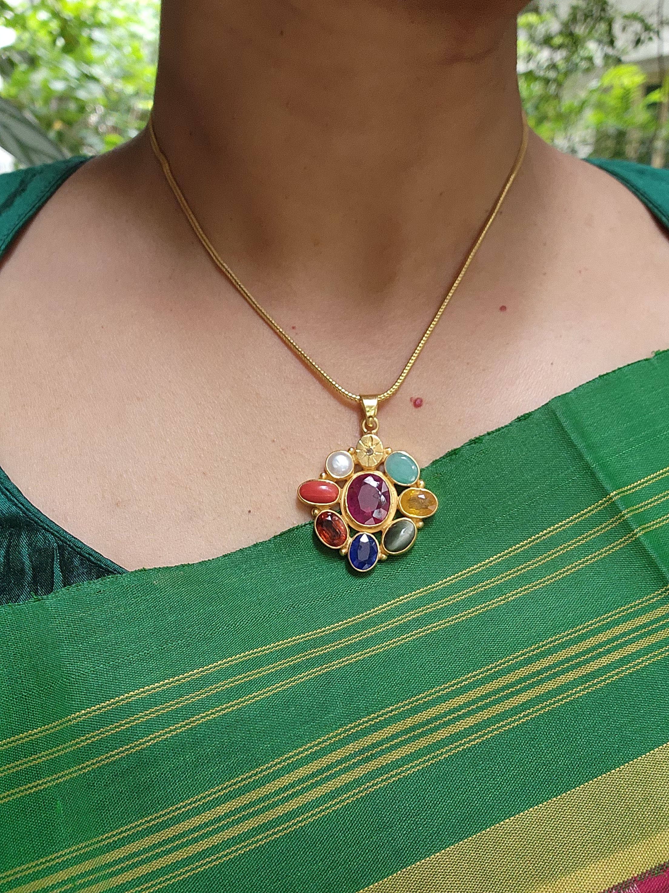 Gold polish navrathana pendant with chain-Silver Neckpiece-CI-House of Taamara