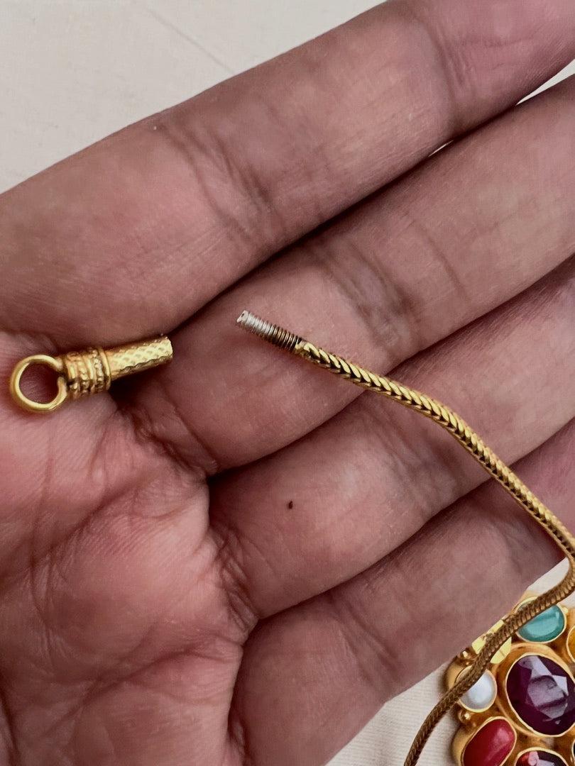 Gold polish navrathana pendant with chain-Silver Neckpiece-CI-House of Taamara