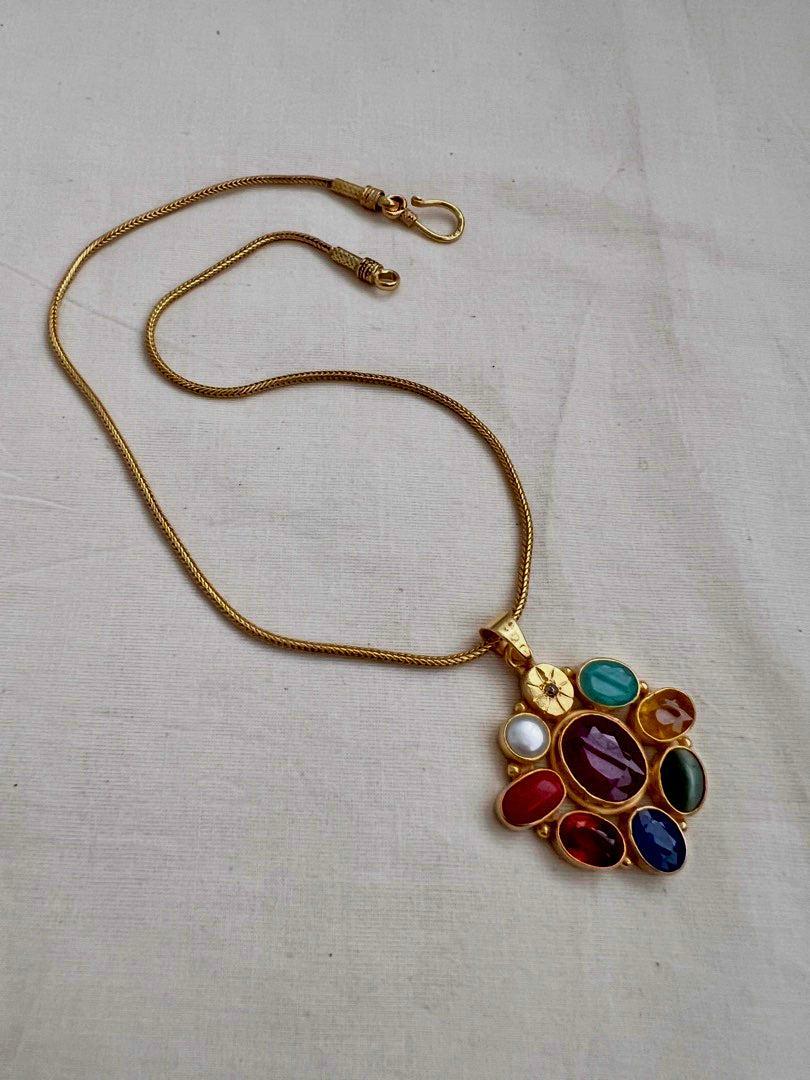 Gold polish navrathana pendant with chain-Silver Neckpiece-CI-House of Taamara
