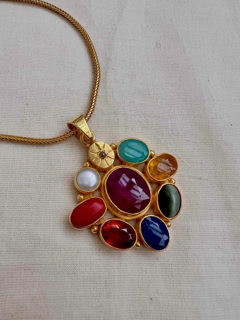 Gold polish navrathana pendant with chain-Silver Neckpiece-CI-House of Taamara