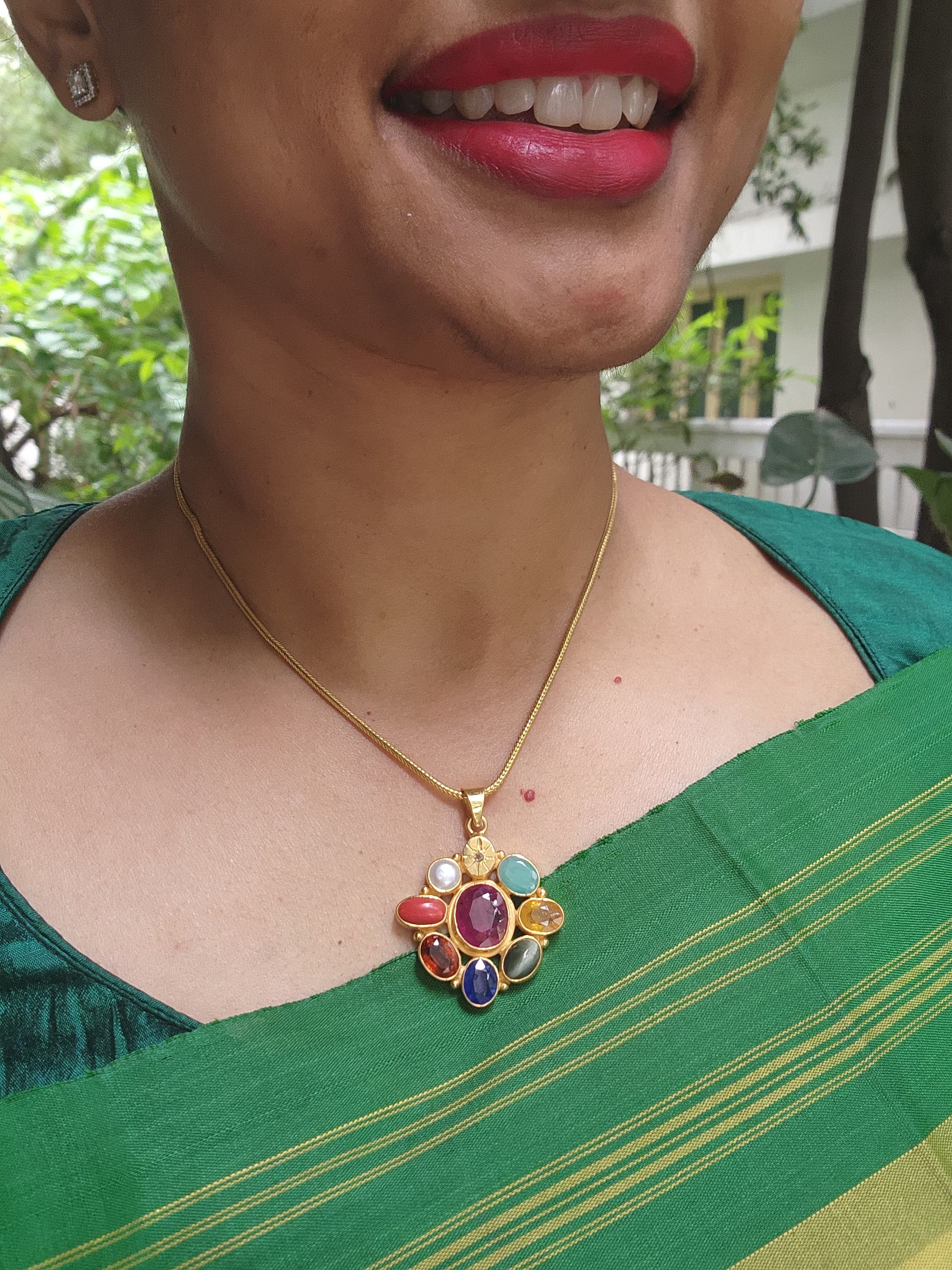 Gold polish navrathana pendant with chain-Silver Neckpiece-CI-House of Taamara
