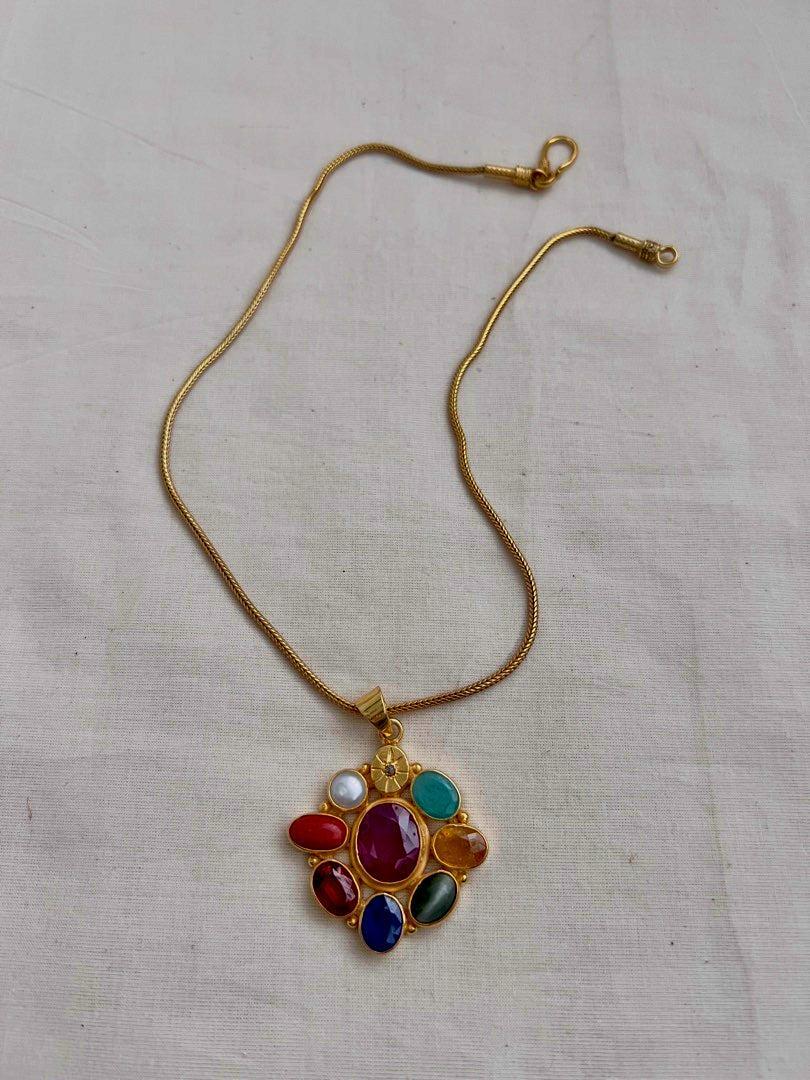 Gold polish navrathana pendant with chain-Silver Neckpiece-CI-House of Taamara