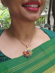 Gold polish navrathana pendant with chain-Silver Neckpiece-CI-House of Taamara