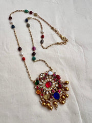 Gold polish navrathana pendant with navrathan beads chain-Silver Neckpiece-CI-House of Taamara