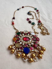 Gold polish navrathana pendant with navrathan beads chain-Silver Neckpiece-CI-House of Taamara