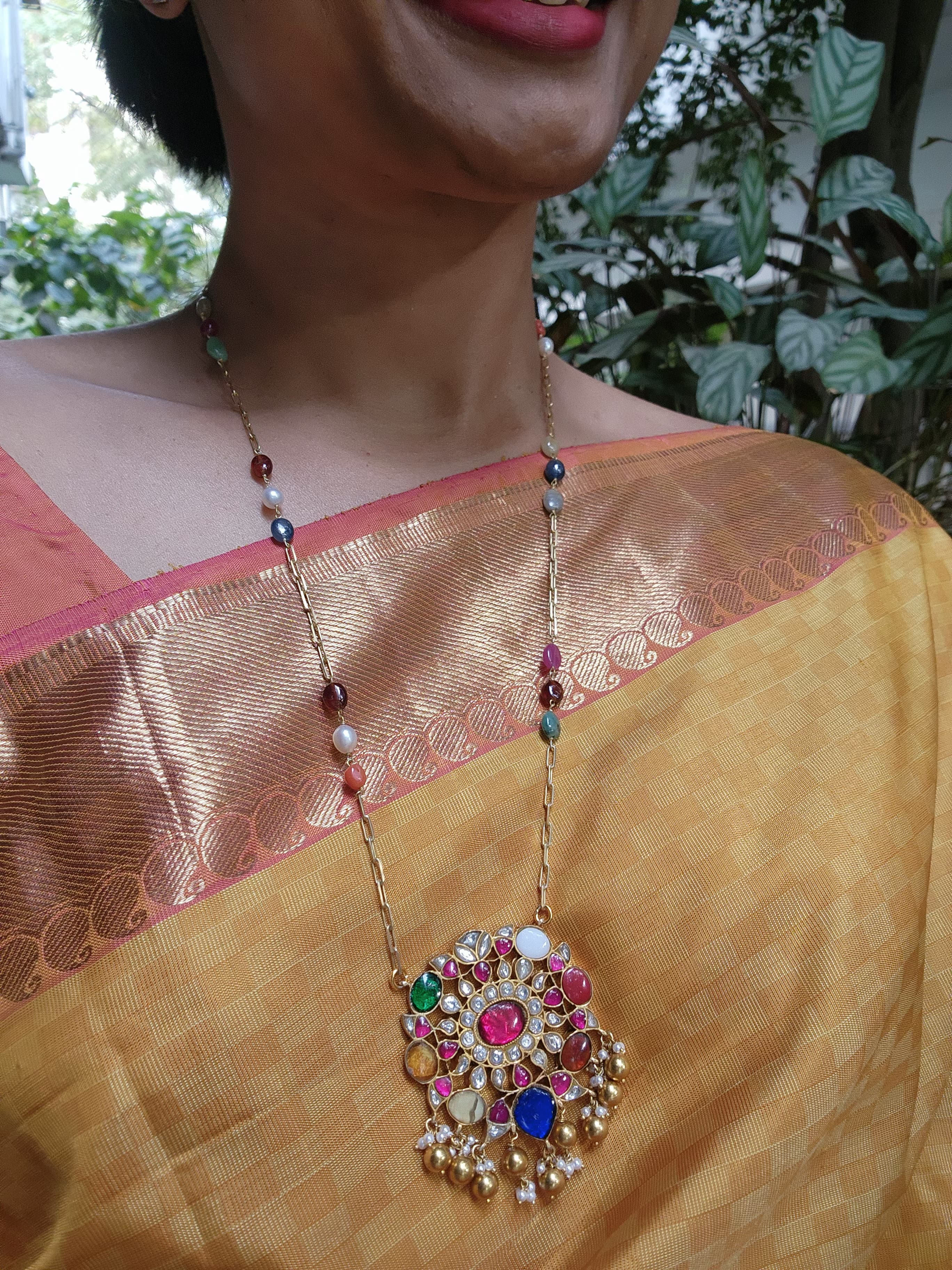 Gold polish navrathana pendant with navrathan beads chain-Silver Neckpiece-CI-House of Taamara