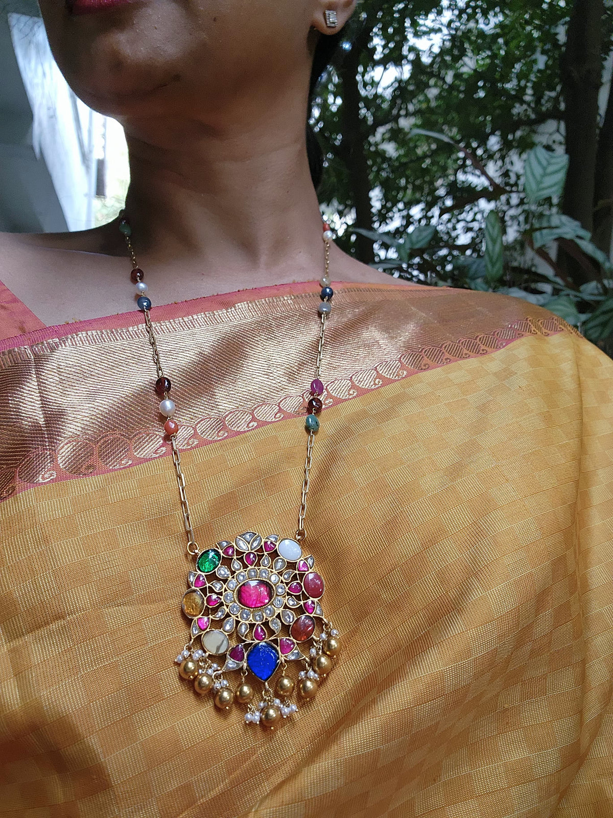 Gold polish navrathana pendant with navrathan beads chain-Silver Neckpiece-CI-House of Taamara