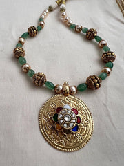 Gold polish navrathana pendant with pearls & jade beads chain-Silver Neckpiece-CI-House of Taamara