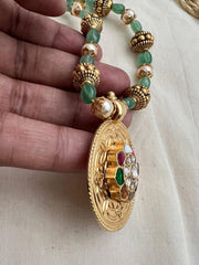 Gold polish navrathana pendant with pearls & jade beads chain-Silver Neckpiece-CI-House of Taamara