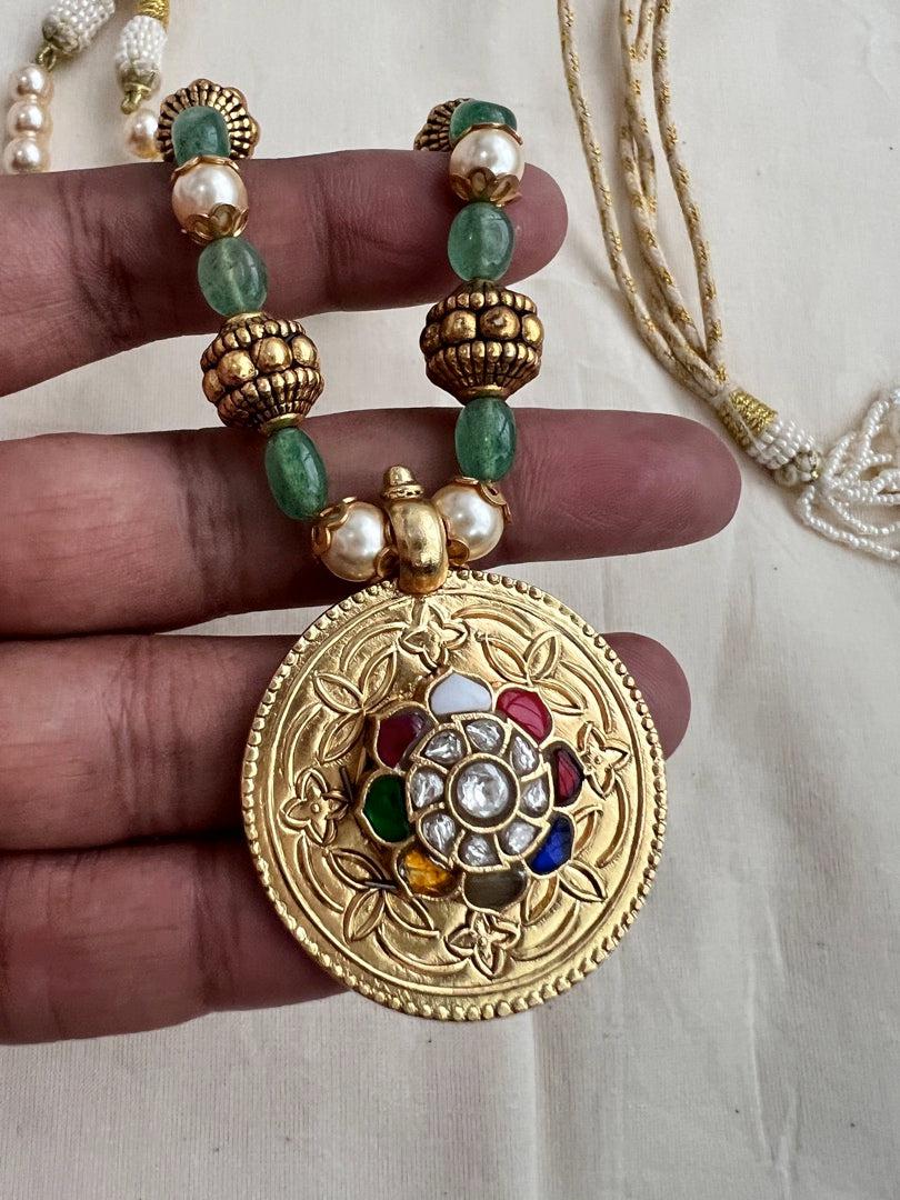 Gold polish navrathana pendant with pearls & jade beads chain-Silver Neckpiece-CI-House of Taamara