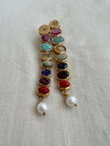 Gold polish navrathana stone earrings (MADE TO ORDER)-Earrings-CI-House of Taamara