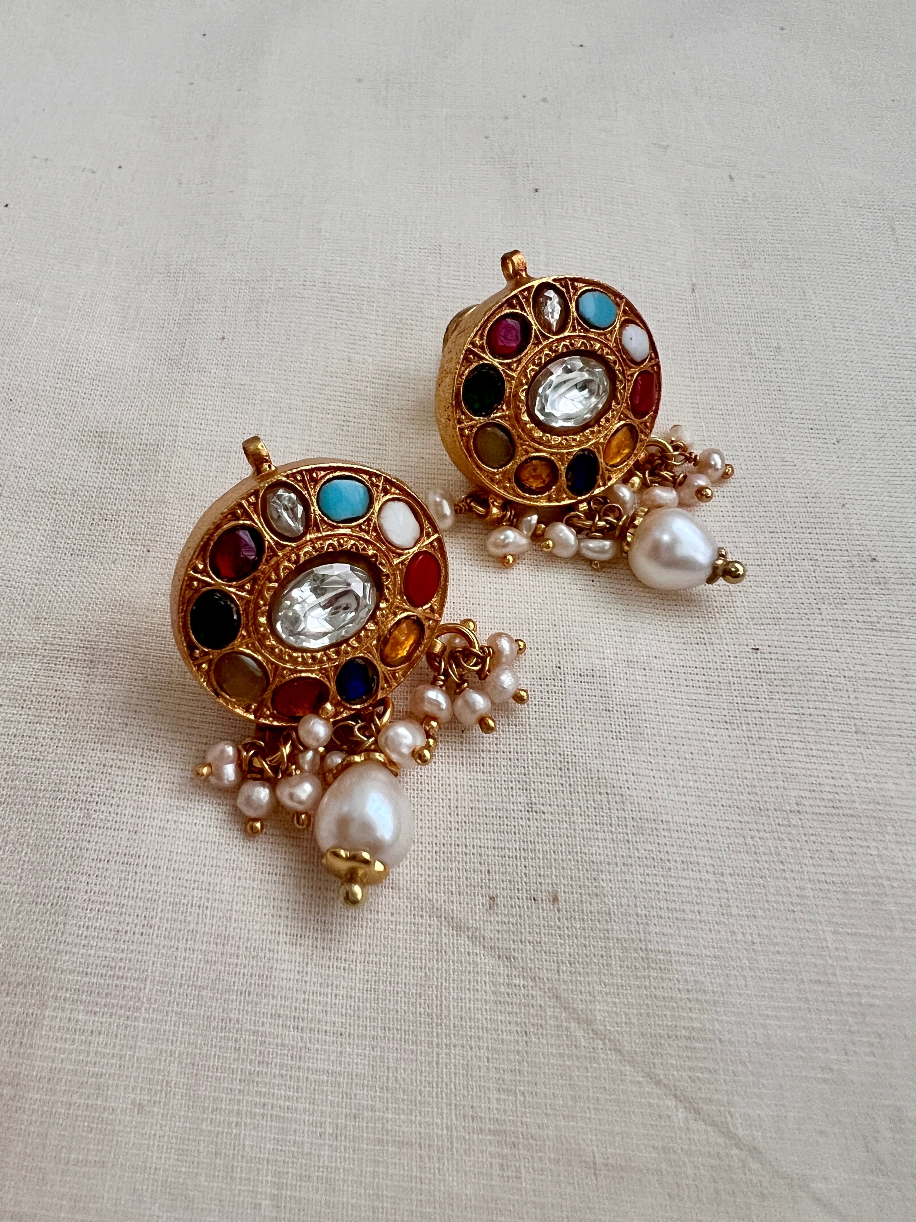 Gold polish navrathana studs with pearls-Earrings-CI-House of Taamara