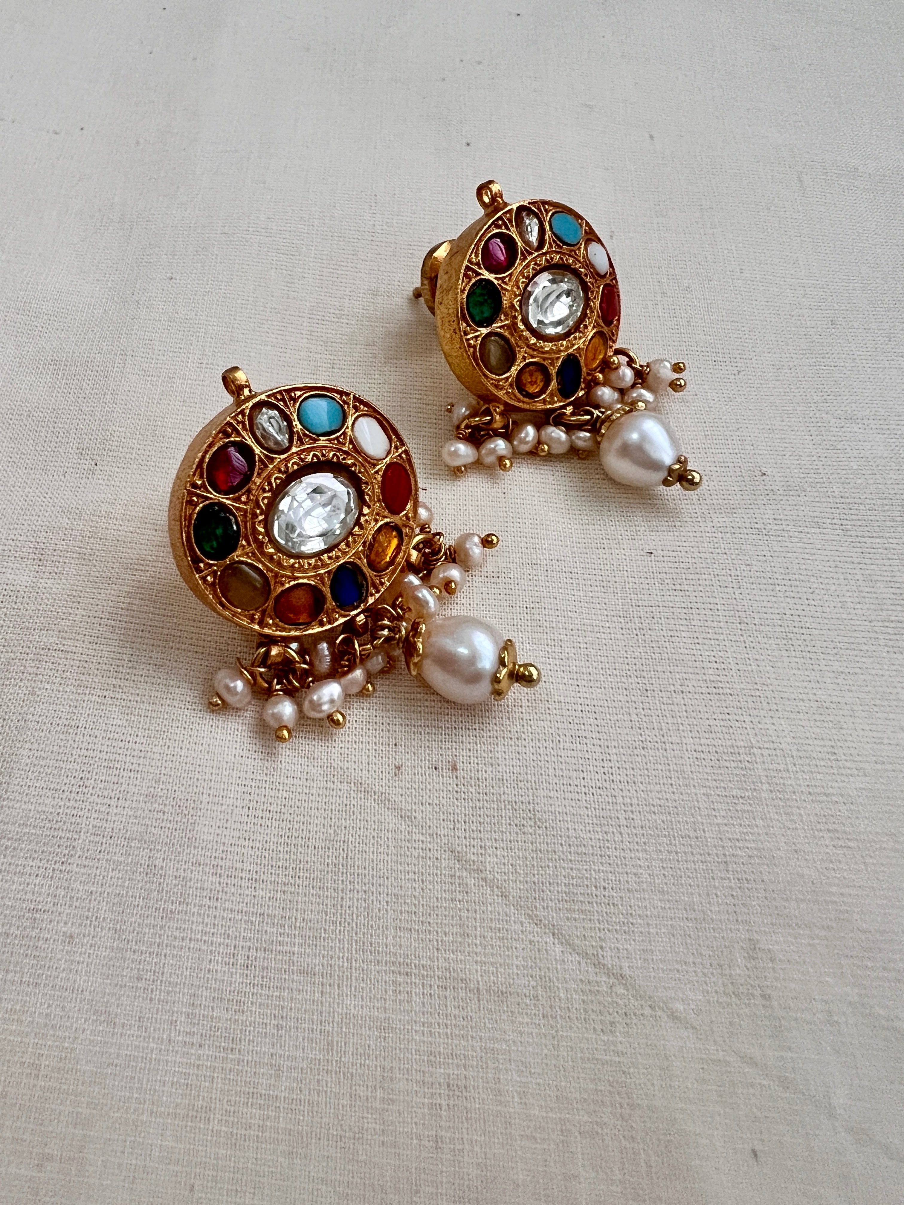 Gold polish navrathana studs with pearls-Earrings-CI-House of Taamara