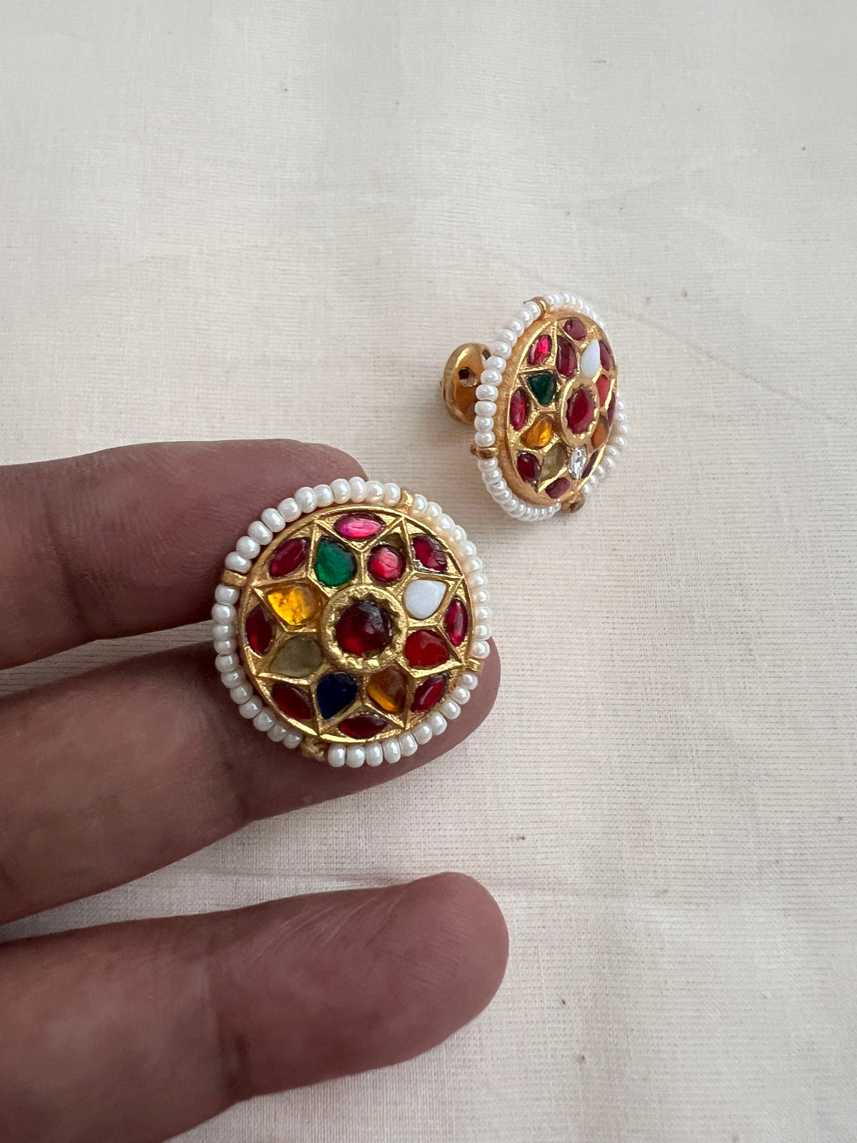 Gold polish navrathana studs with pearls-Earrings-CI-House of Taamara