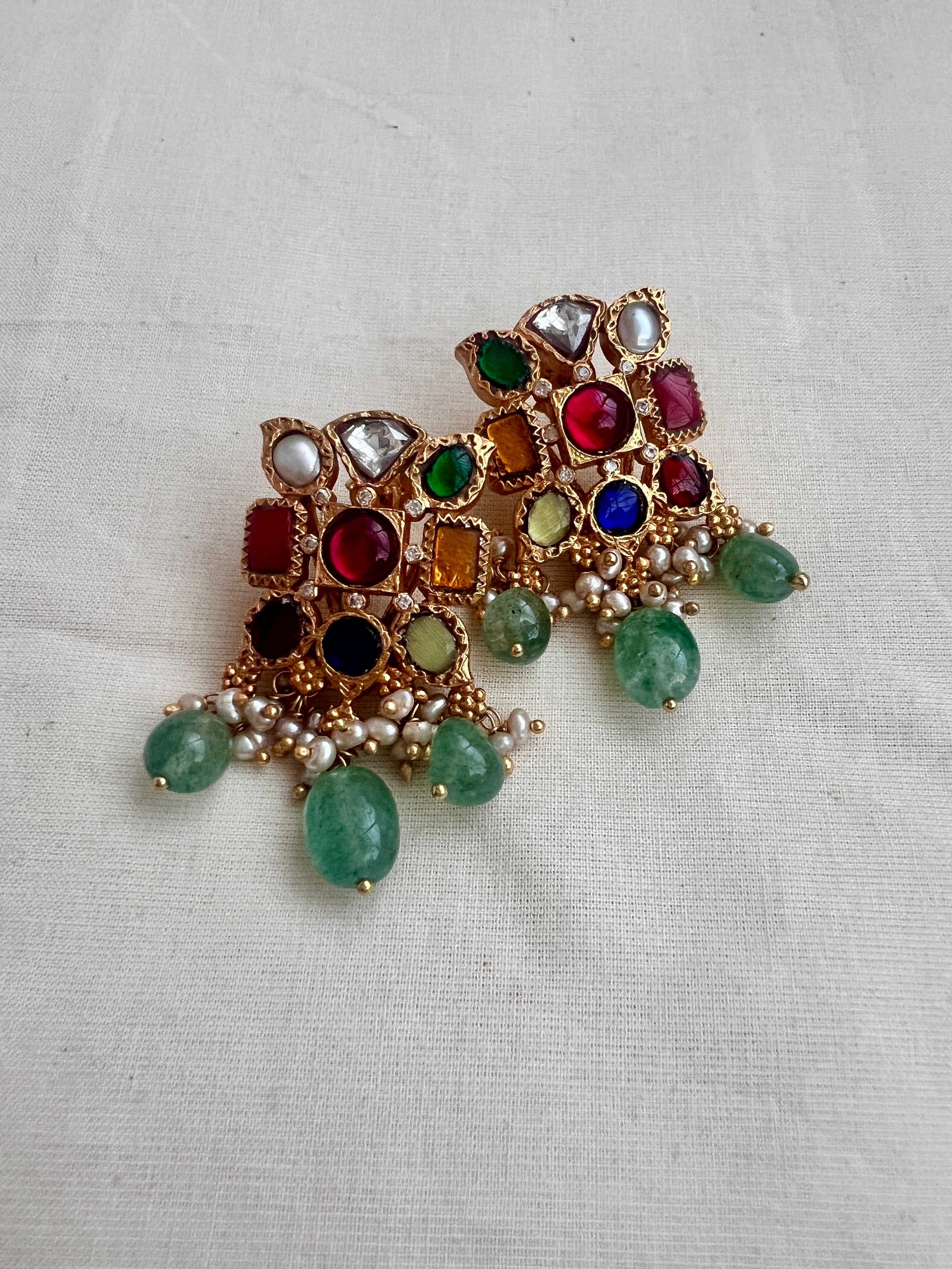 Gold polish navrathana studs with pearls & jade beads-Earrings-CI-House of Taamara