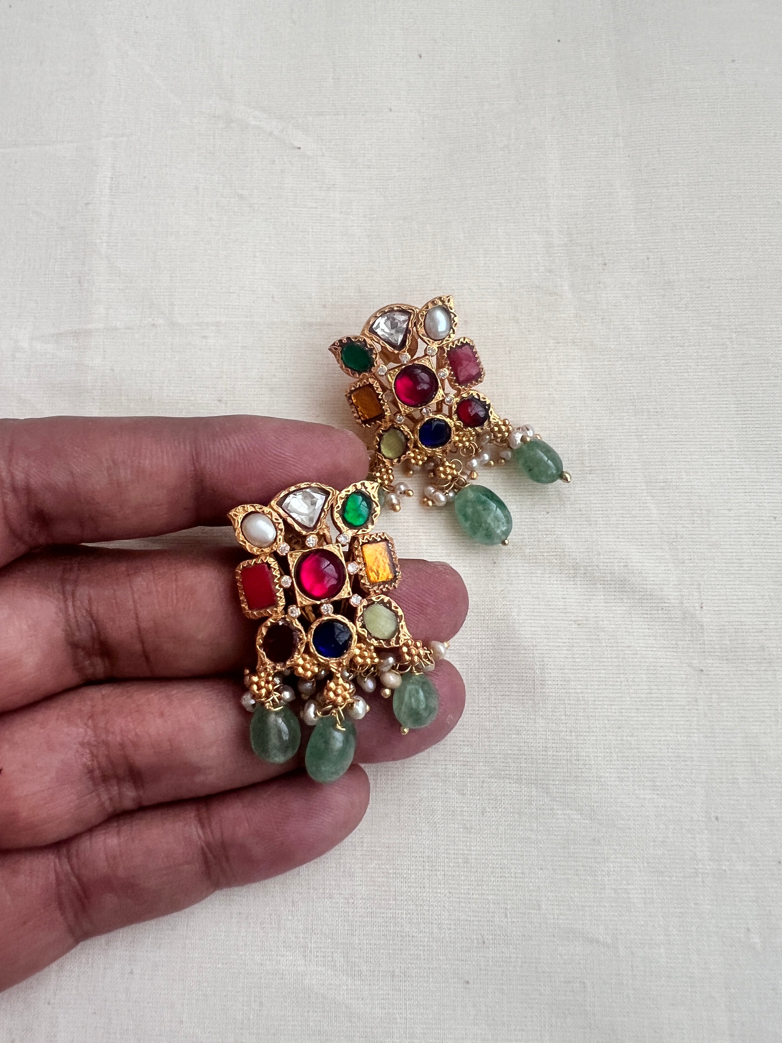 Gold polish navrathana studs with pearls & jade beads-Earrings-CI-House of Taamara