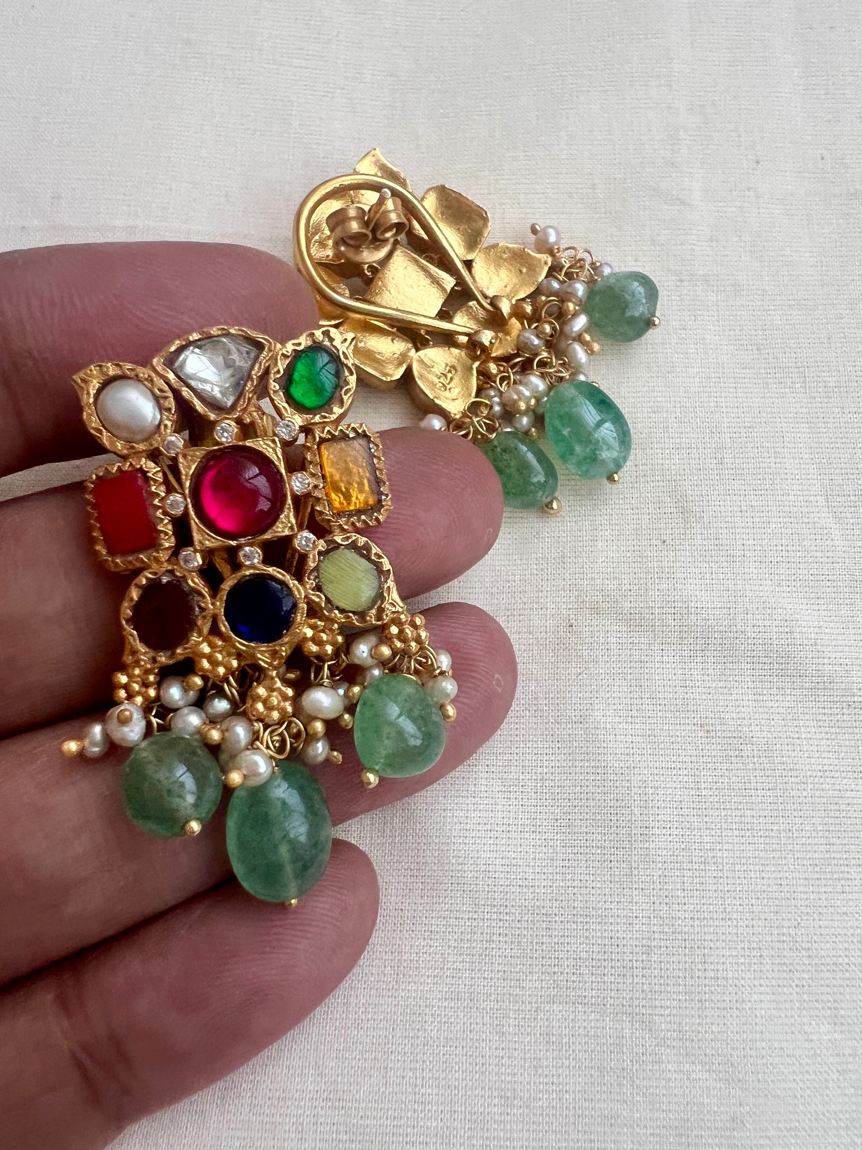 Gold polish navrathana studs with pearls & jade beads-Earrings-CI-House of Taamara