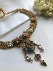 Gold polish necklace with kundan, green beads and pearls bunch pendant-Silver Neckpiece-PL-House of Taamara