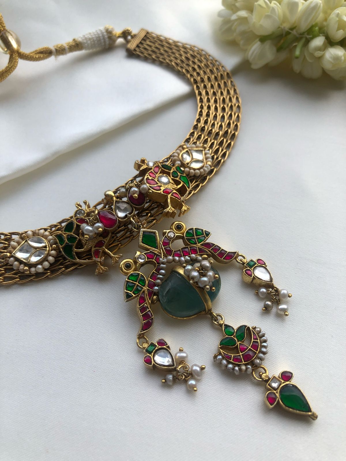 Gold polish necklace with kundan, green beads and pearls bunch pendant-Silver Neckpiece-PL-House of Taamara