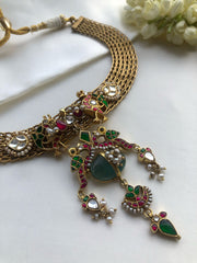 Gold polish necklace with kundan, green beads and pearls bunch pendant-Silver Neckpiece-PL-House of Taamara