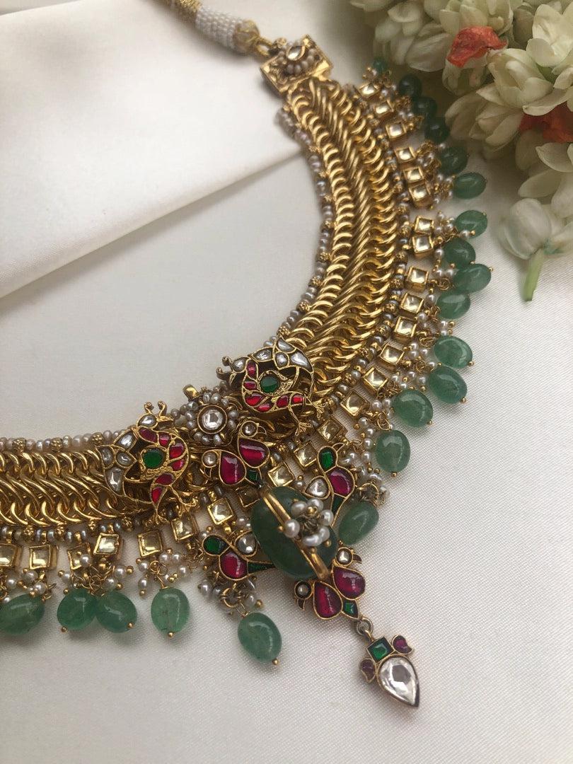 Gold polish necklace with kundan & semi precious stones with green beads & pearls (Made To Order))-Silver Neckpiece-PL-House of Taamara