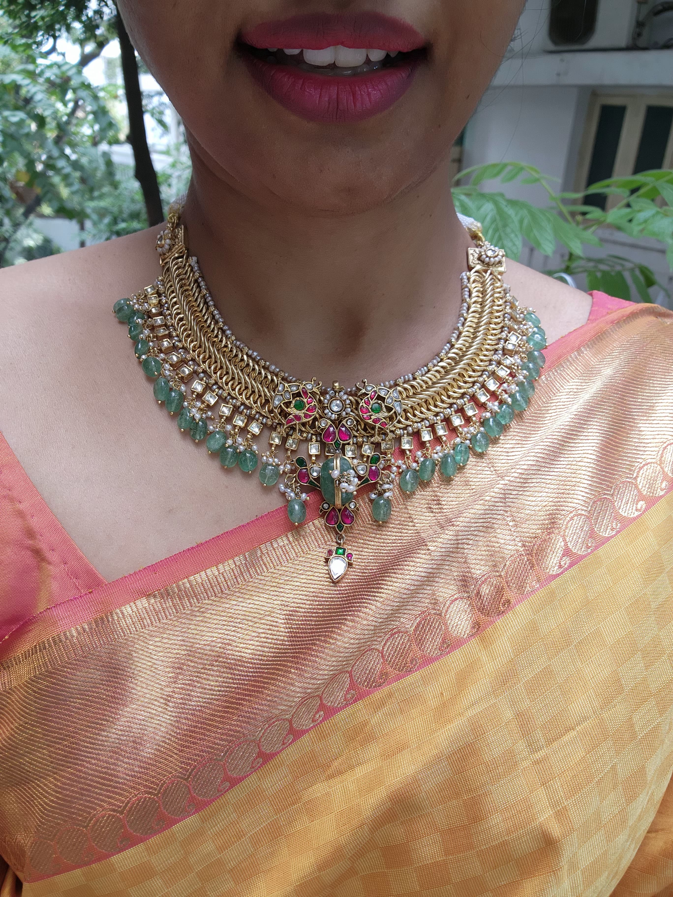 Gold polish necklace with kundan & semi precious stones with green beads & pearls (Made To Order))-Silver Neckpiece-PL-House of Taamara